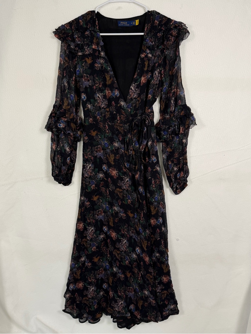 Polo Ralph Lauren Black Floral Ruffle Wrap Dress with Tie Waist